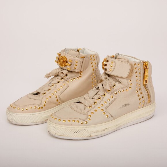 Versace Mens Beige Studded Gold Hi Tops Trainers Sneakers Mens size 7.5 euro 39 - Picture 1 of 13